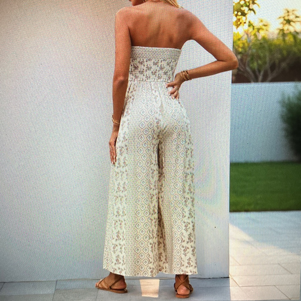Strapless Boho Print Wide-Leg Jumpsuit in Cream - Picture 3 of 5